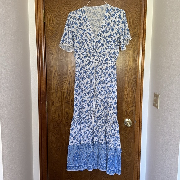 R. Vivimos Summer Short Sleeve V Neck Floral Print Casual Bohemian Midi Dress - Picture 6 of 14